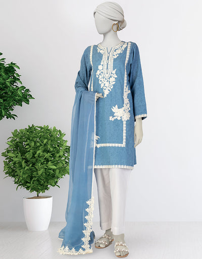 Dobby Blue Stitched Suit - J. Junaid Jamshed