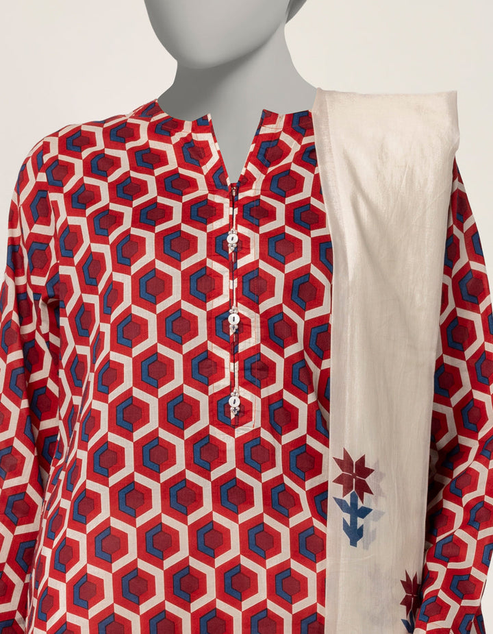 Lawn Red Stitched Suit - J. Junaid Jamshed