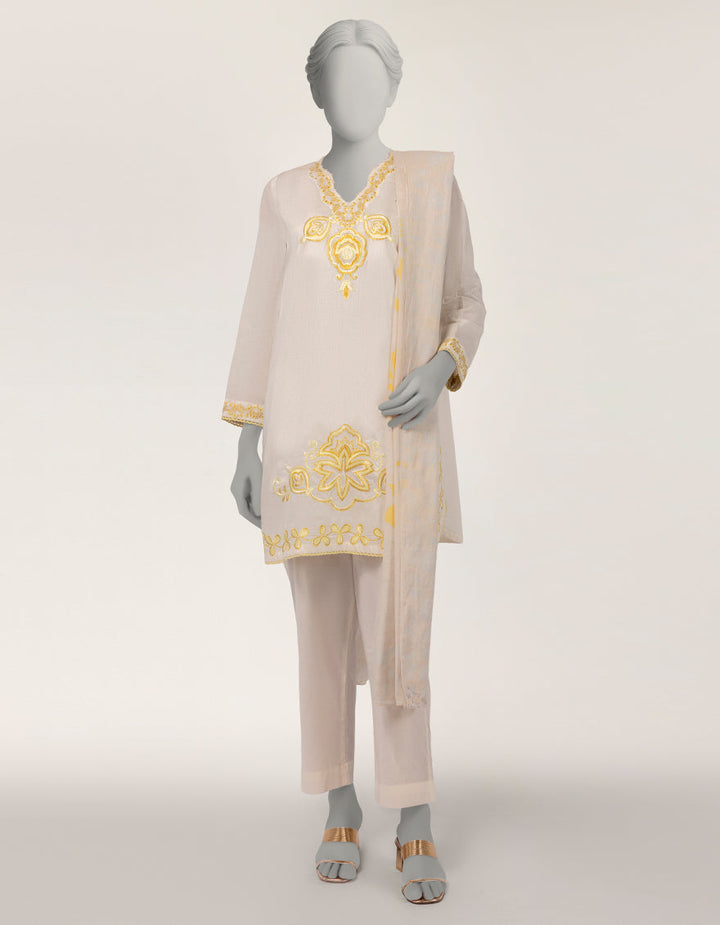 Lawn Off White Stitched Suit - J. Junaid Jamshed