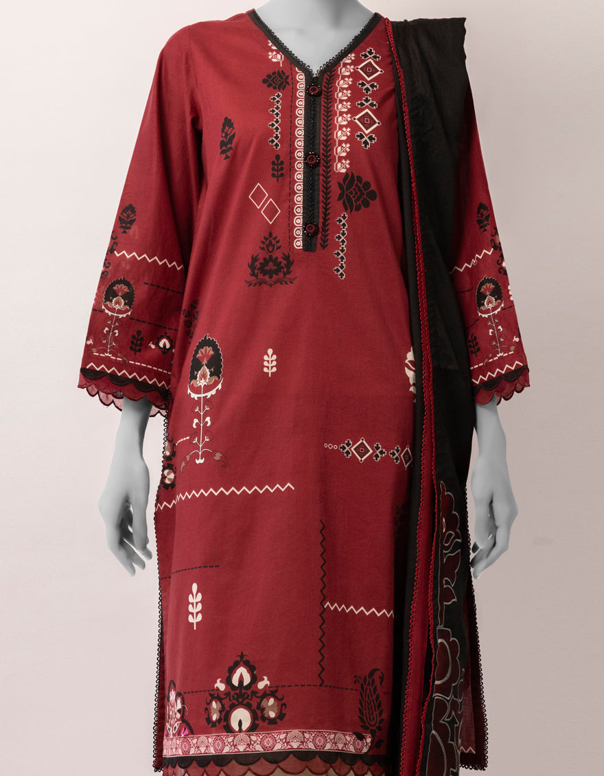 Lawn Maroon Stitched Suit - J. Junaid Jamshed