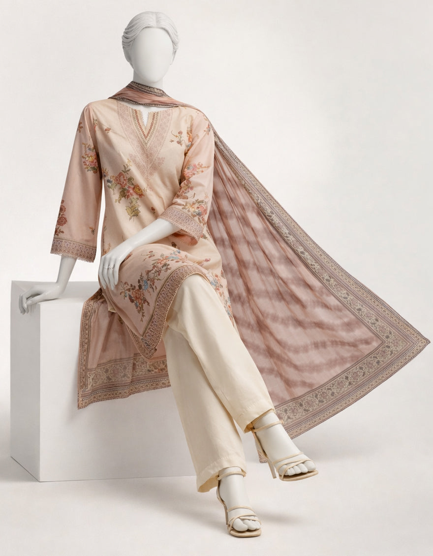 Lawn Beige Stitched Suit - J. Junaid Jamshed