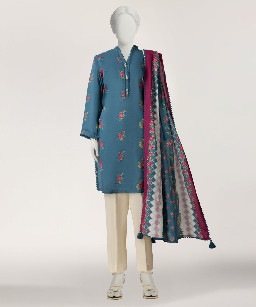 Dobby Blue Stitched Suit - J. Junaid Jamshed