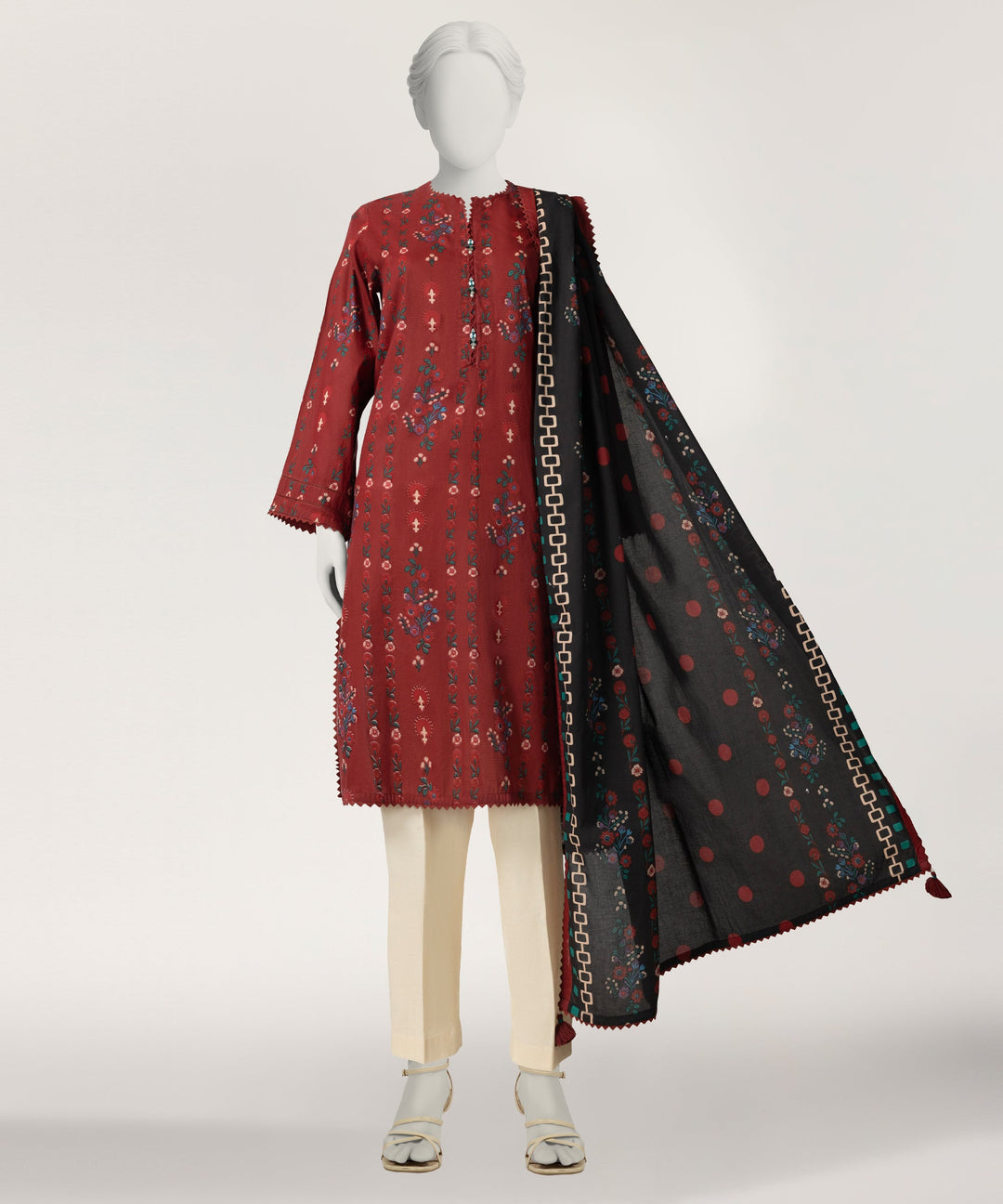 Dobby Maroon Stitched Suit - J. Junaid Jamshed