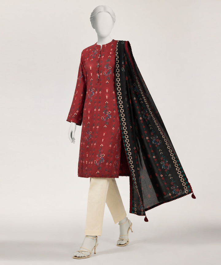 Dobby Maroon Stitched Suit - J. Junaid Jamshed