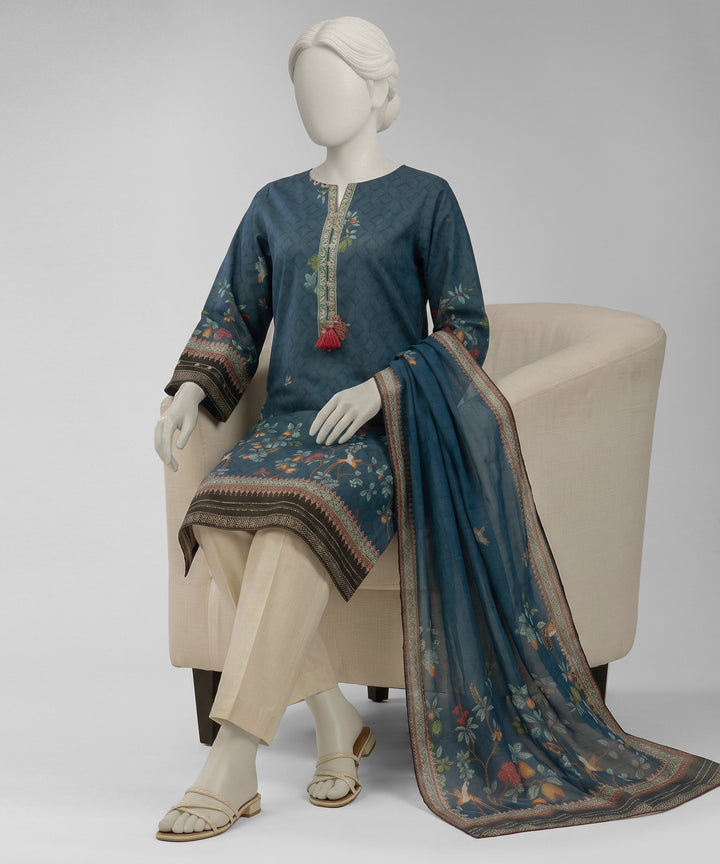 Lawn Blue Unstitched Suit - J. Junaid Jamshed