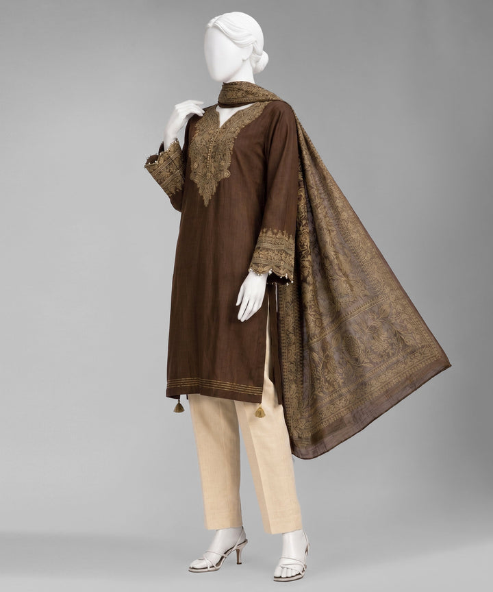 Jacquard Brown Unstitched Suit - J. Junaid Jamshed