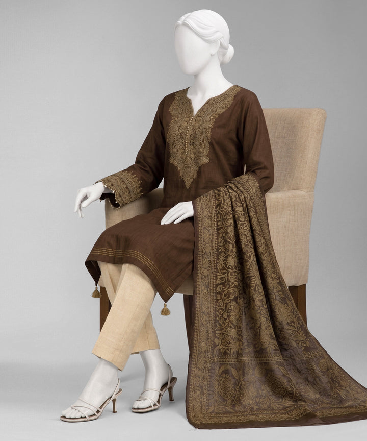 Jacquard Brown Unstitched Suit - J. Junaid Jamshed