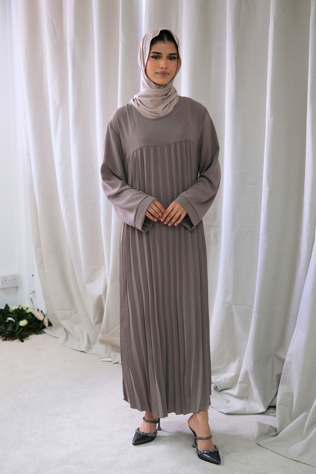 Aria Taupe Pleated Dress