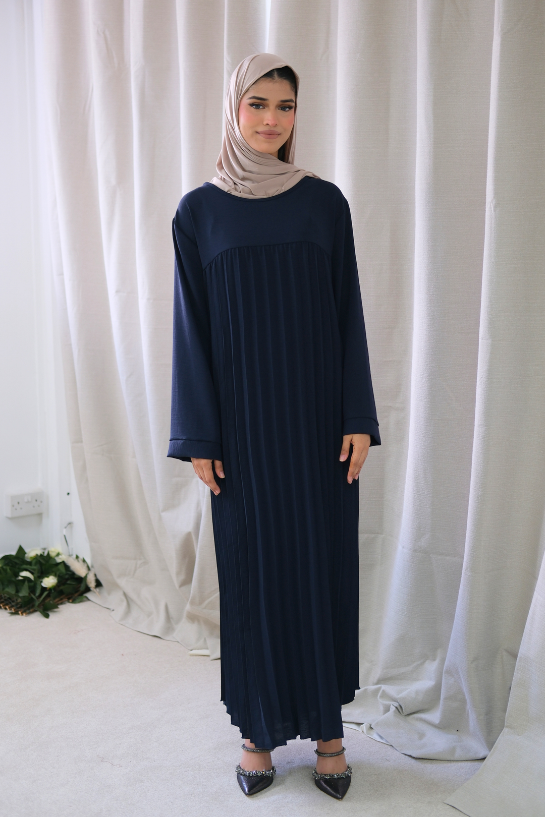 Aria Navy Pleated Dress
