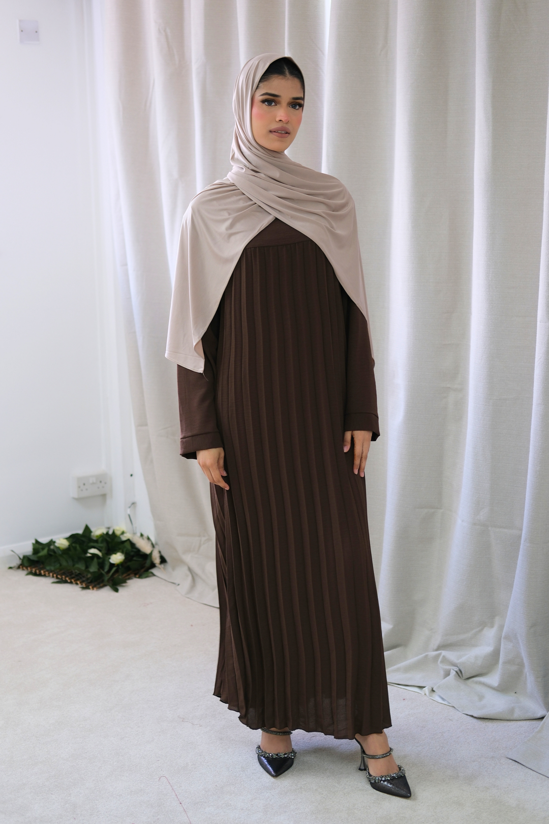 Aria Brown Pleated Dress