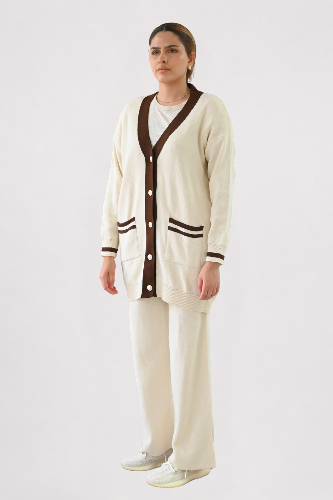 Cream Contrast Trim Knit Co-ord