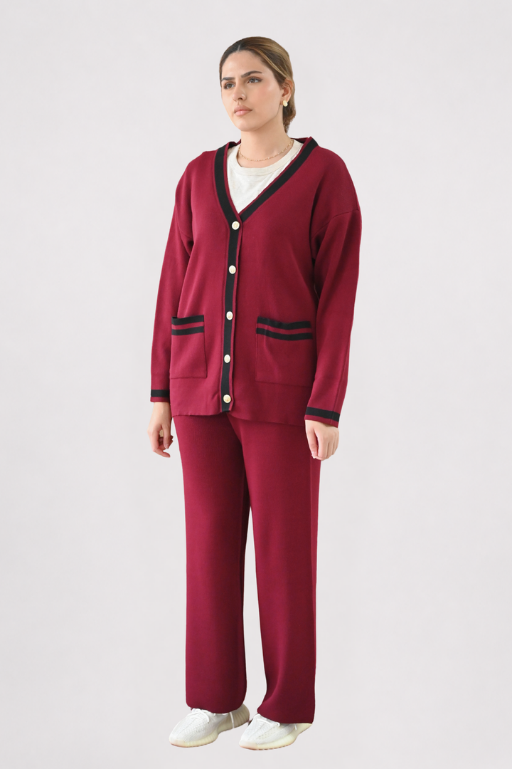 Wine Contrast Trim Knit Co-ord