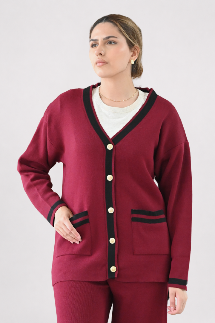 Wine Contrast Trim Knit Co-ord