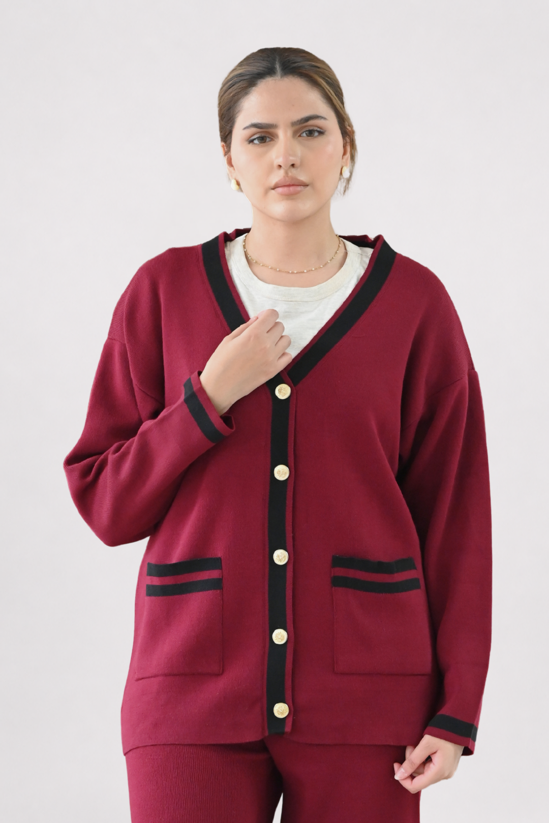 Wine Contrast Trim Knit Co-ord