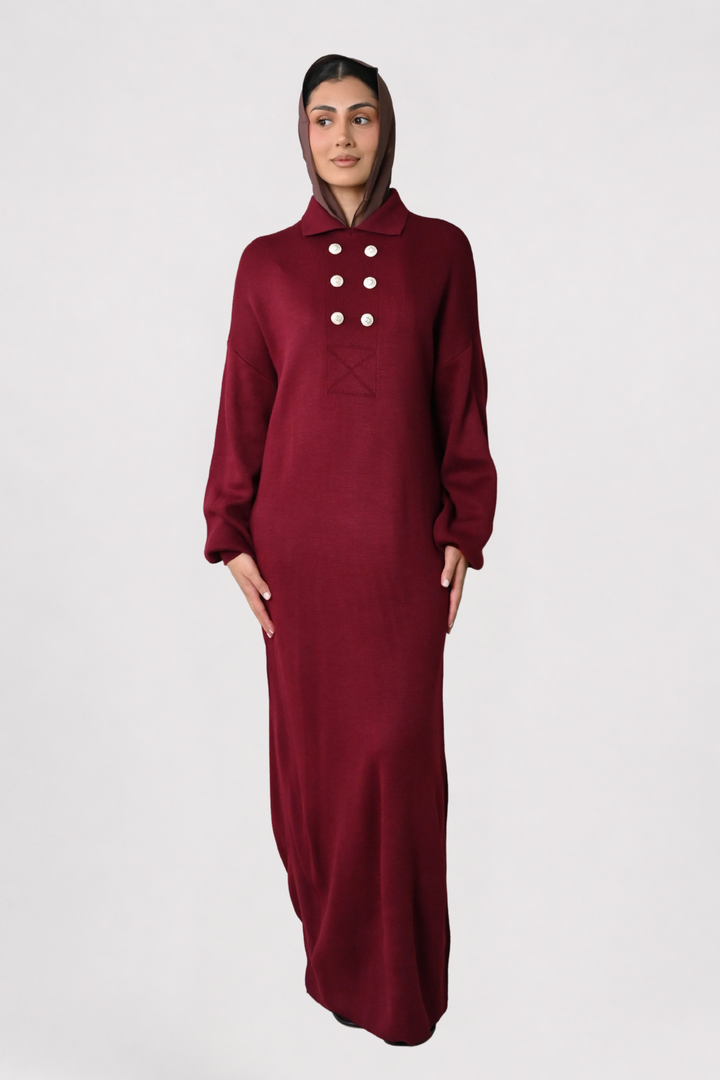 Wine Button Detail Knit Dress