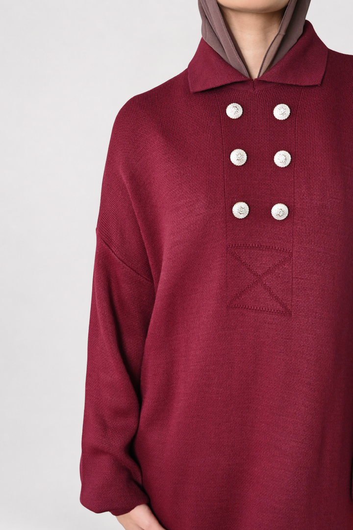 Wine Button Detail Knit Dress