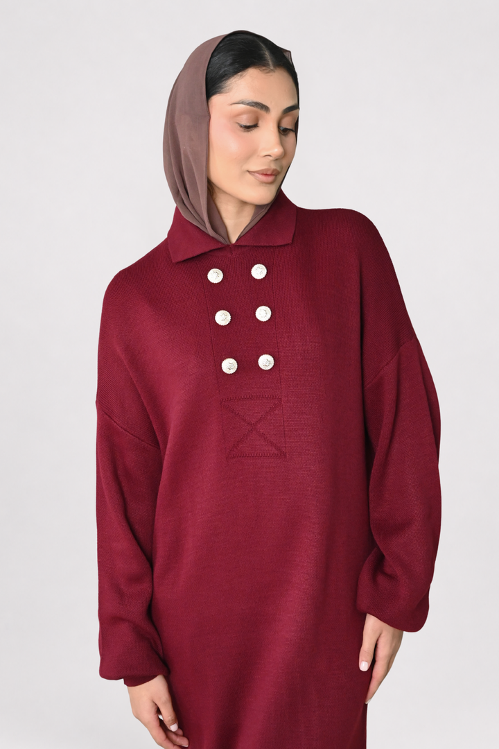 Wine Button Detail Knit Dress