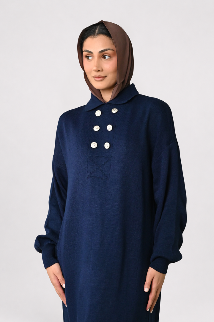 Navy Button Detail Knit Dress