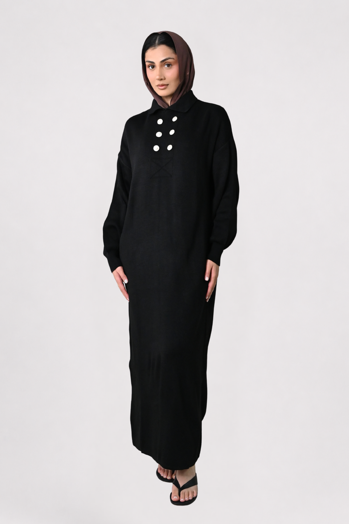 Black Button Detail Knit Dress