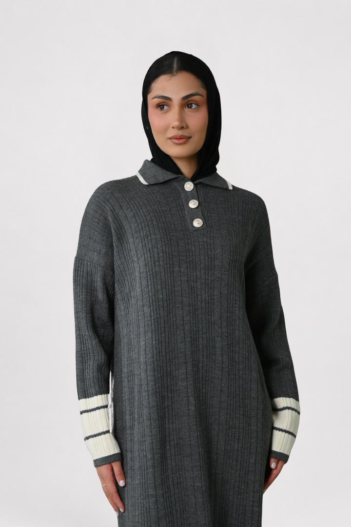 Grey Contrast Rib Knit Dress