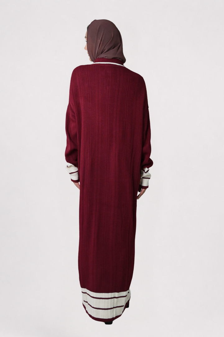 Wine Contrast Rib Knit Dress