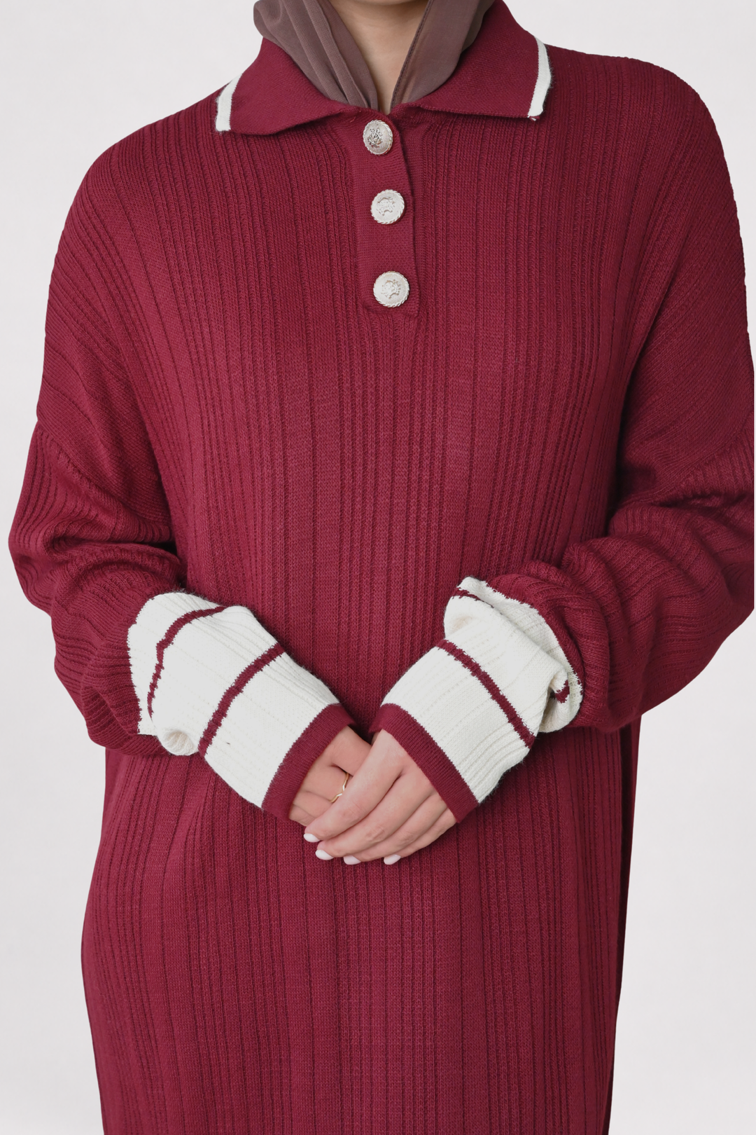 Wine Contrast Rib Knit Dress