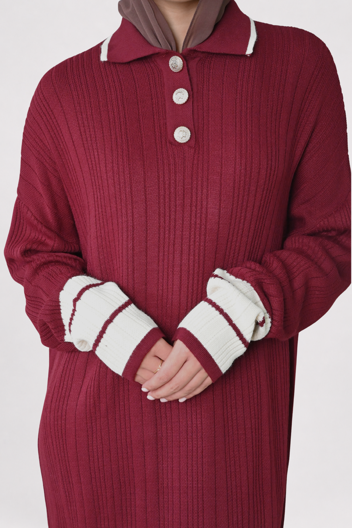 Wine Contrast Rib Knit Dress