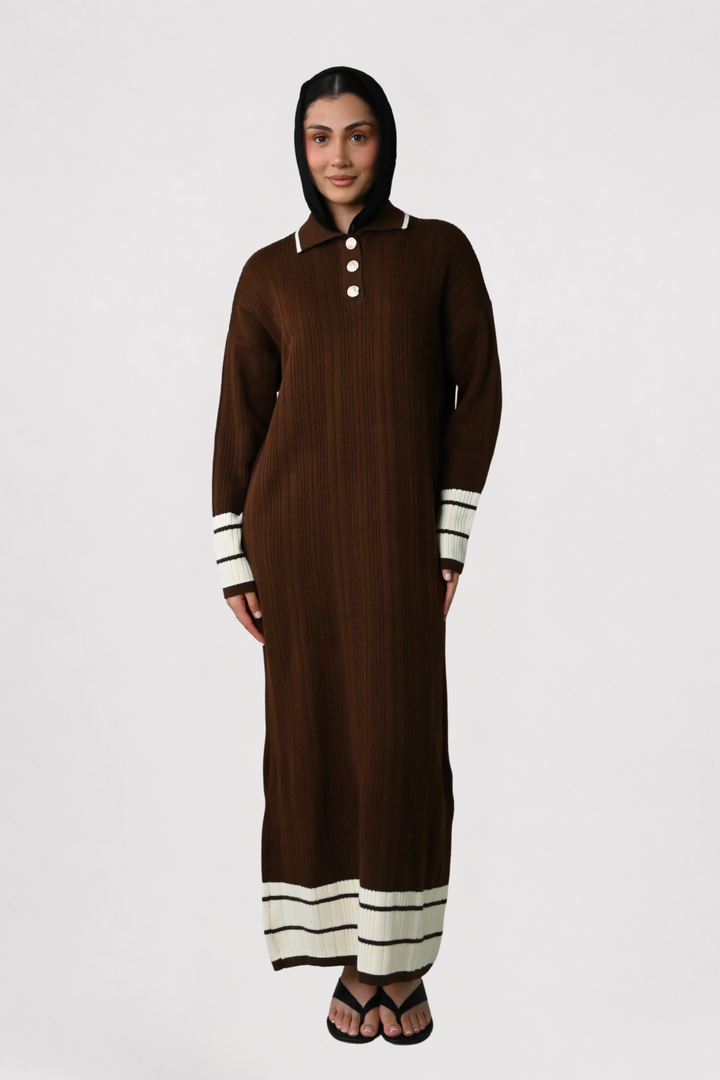 Brown Contrast Rib Knit Dress