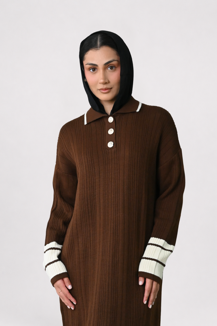 Brown Contrast Rib Knit Dress