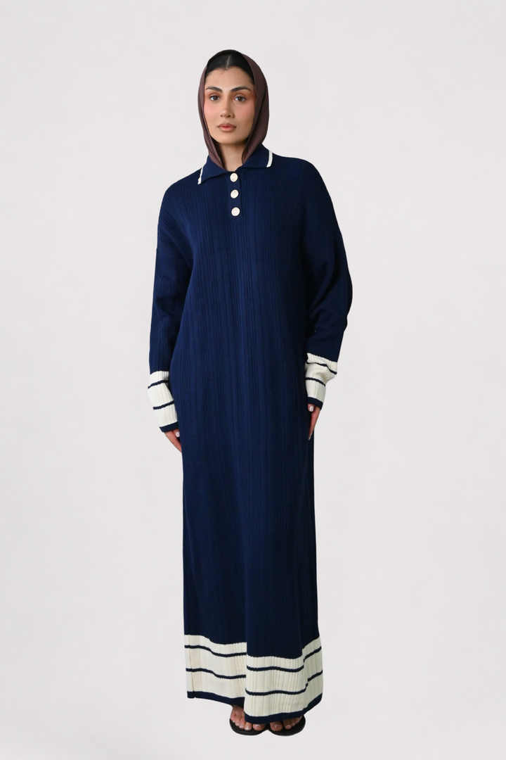 Navy Contrast Rib Knit Dress