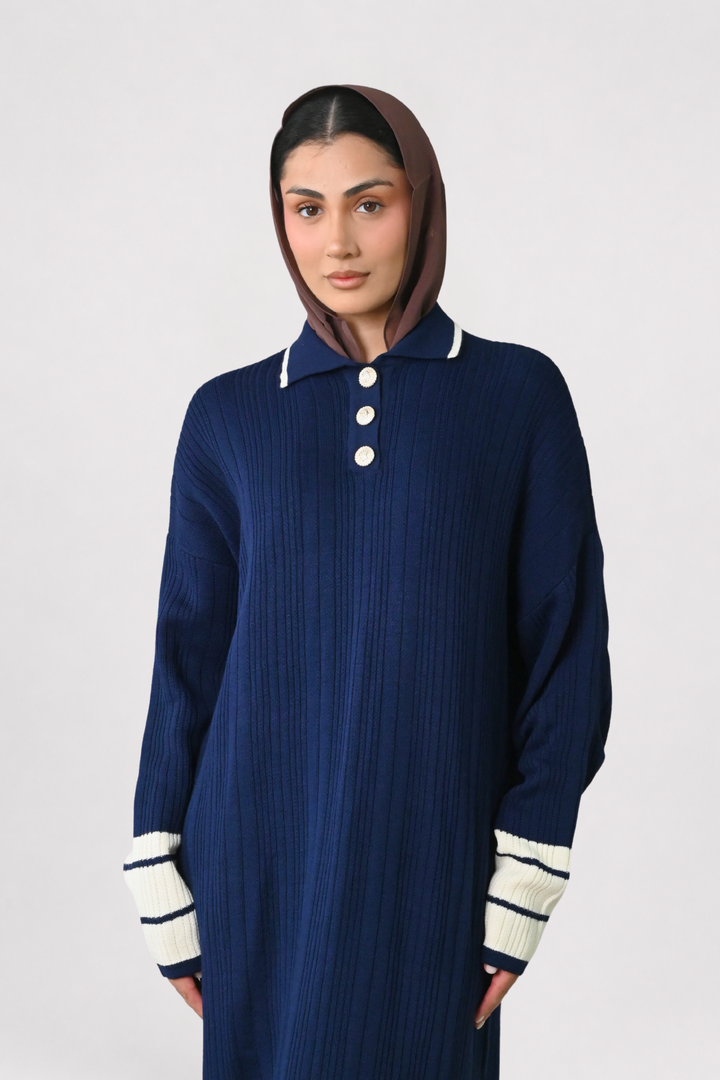 Navy Contrast Rib Knit Dress