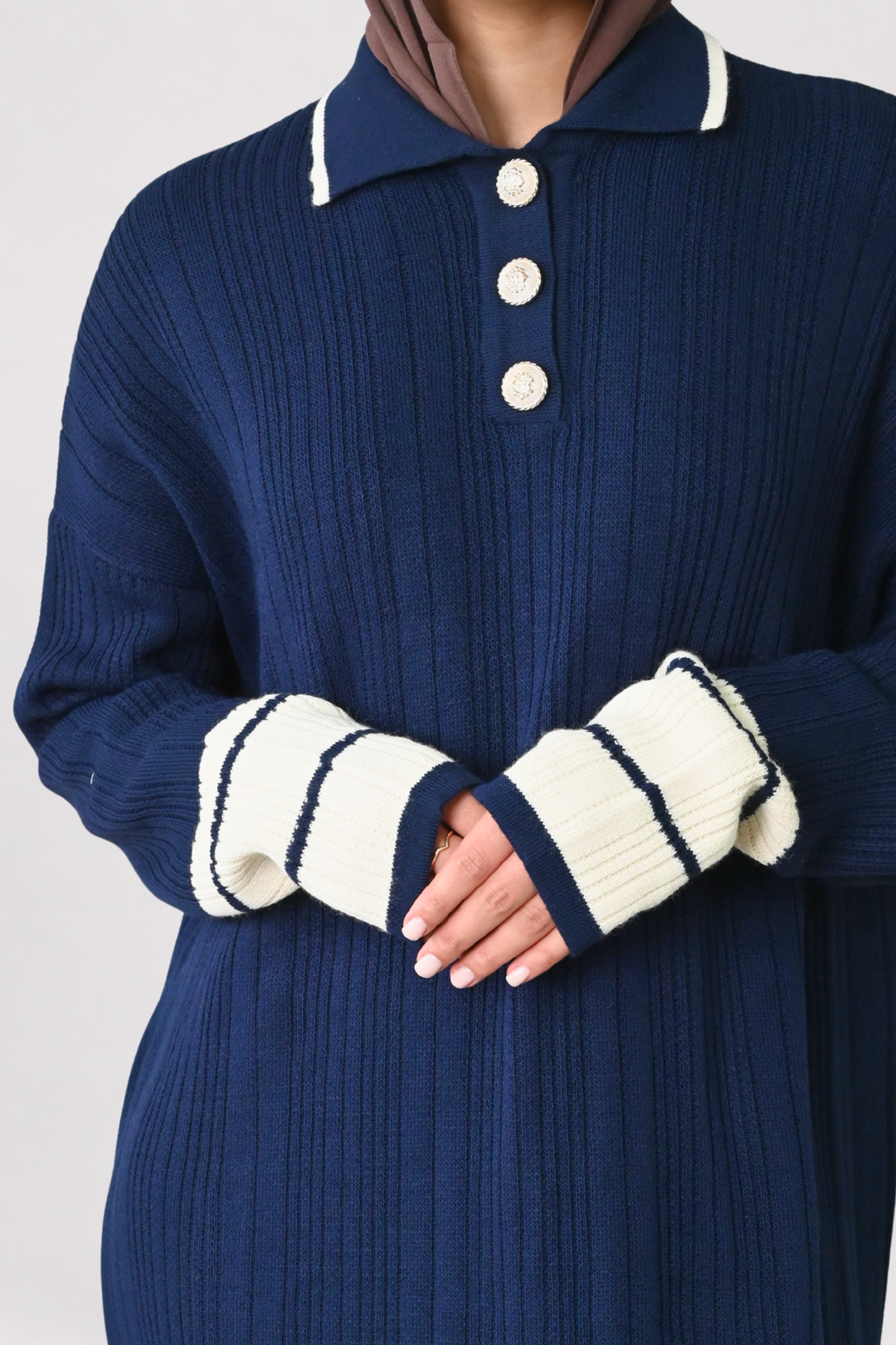 Navy Contrast Rib Knit Dress