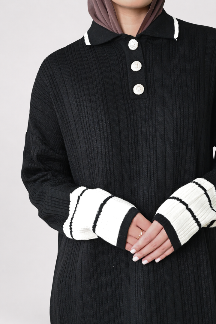 Black Contrast Rib Knit Dress