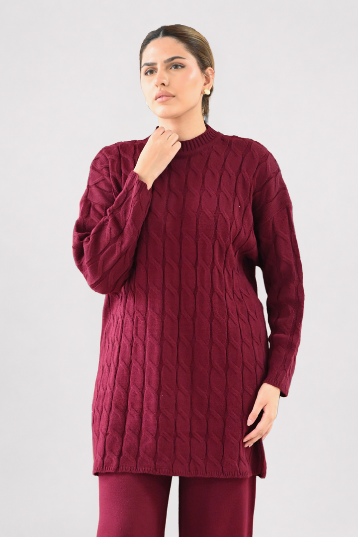 Wine Cable Knit Longline Co-ord