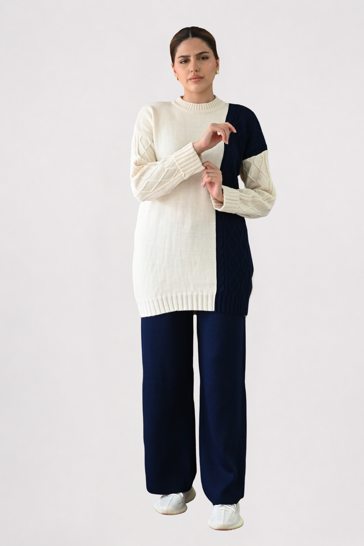 Colour Block Cable Knit Co-ord - Navy