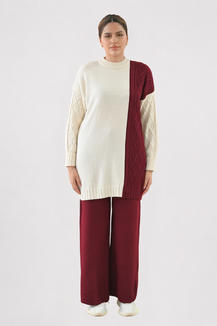 Colour Block Cable Knit Co-ord - Wine