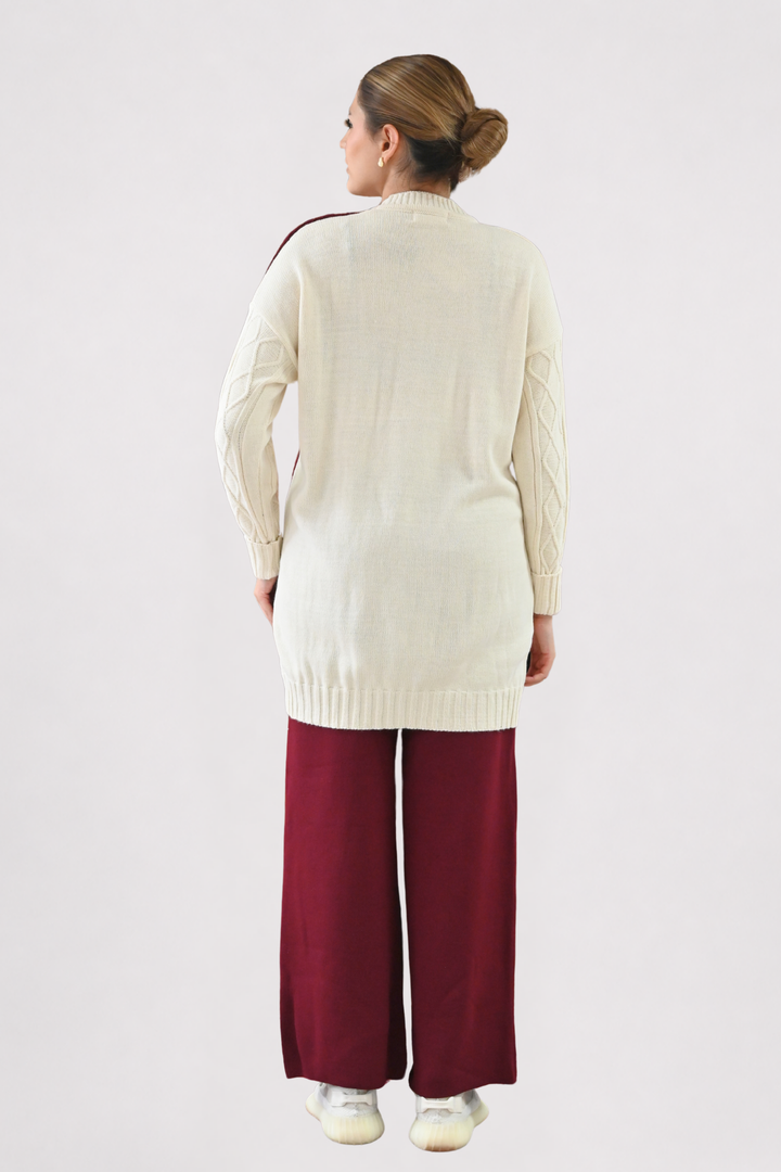 Colour Block Cable Knit Co-ord - Wine