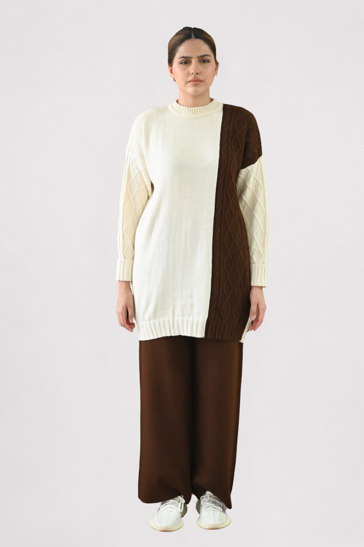 Colour Block Cable Knit Co-ord - Brown