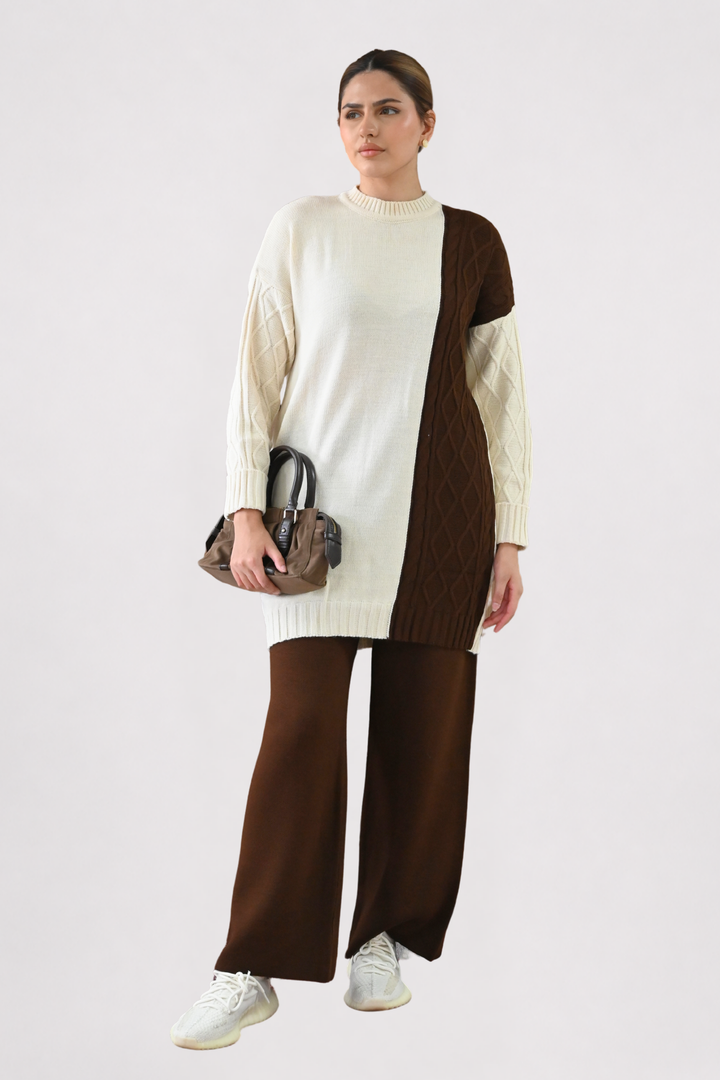 Colour Block Cable Knit Co-ord - Brown