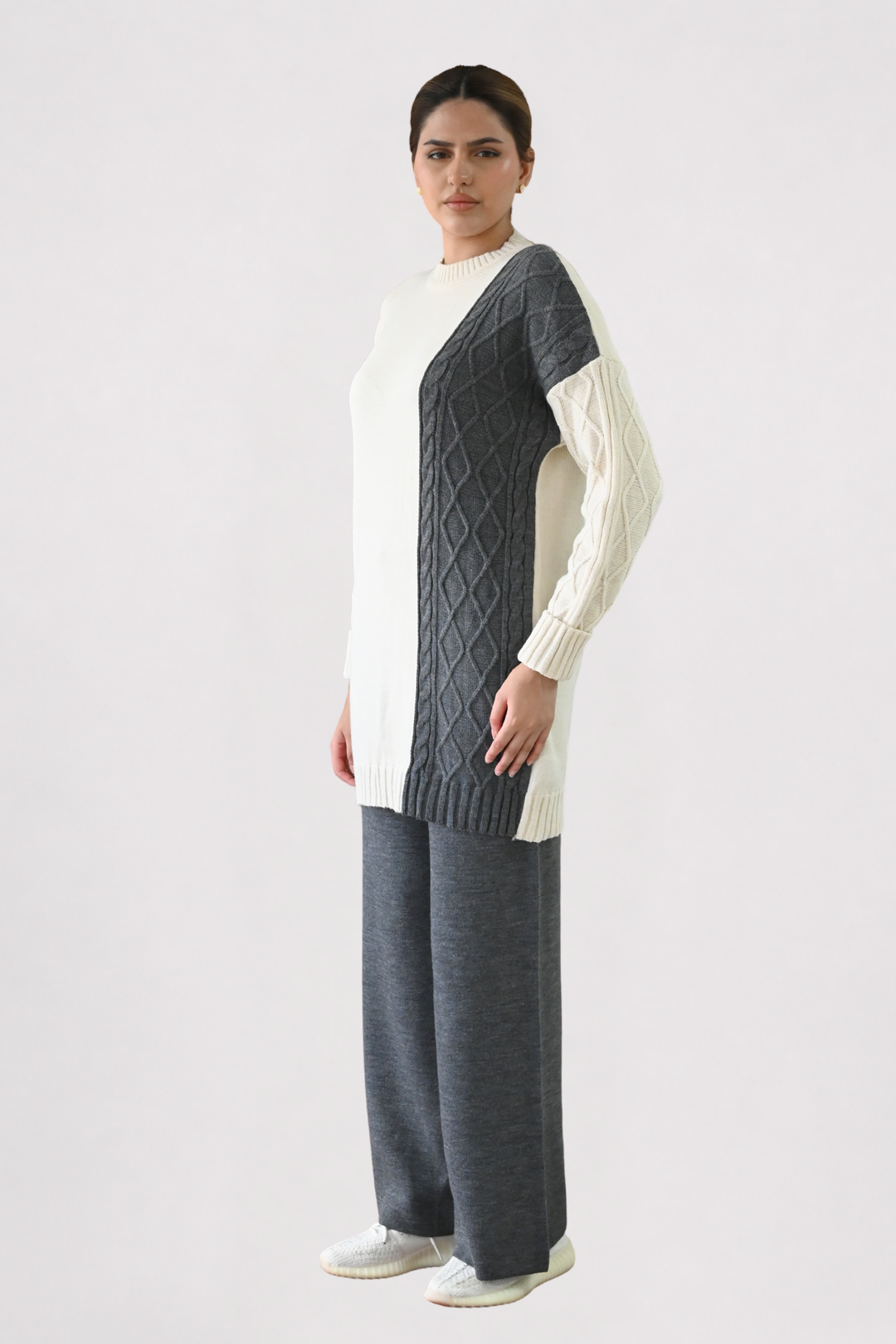 Colour Block Cable Knit Co-ord - Grey
