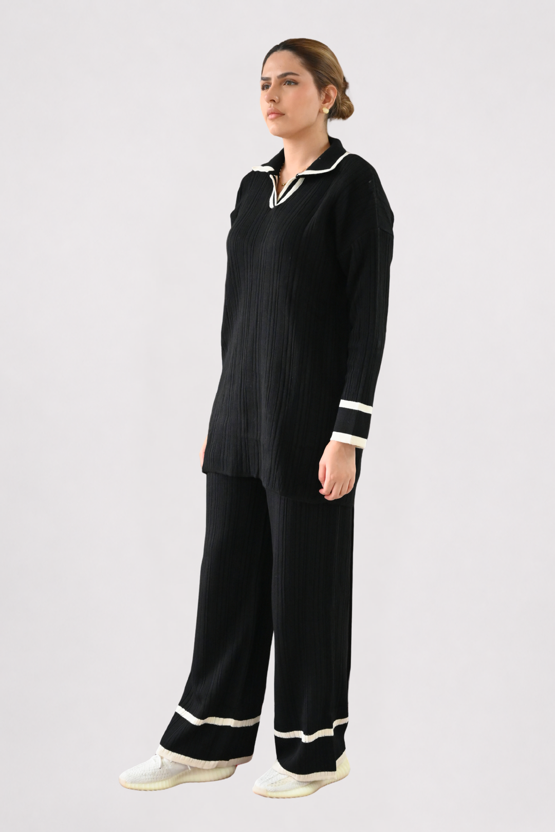 Contrast Collar Ribbed Knit Co-ord - Black