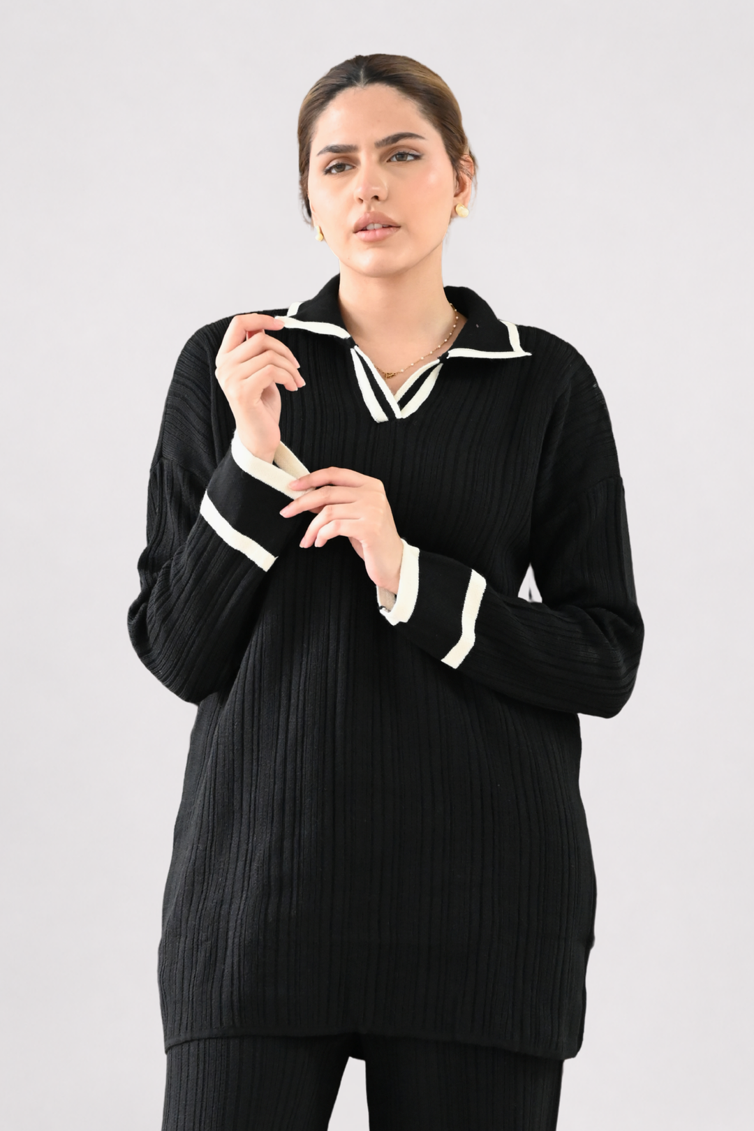 Contrast Collar Ribbed Knit Co-ord - Black