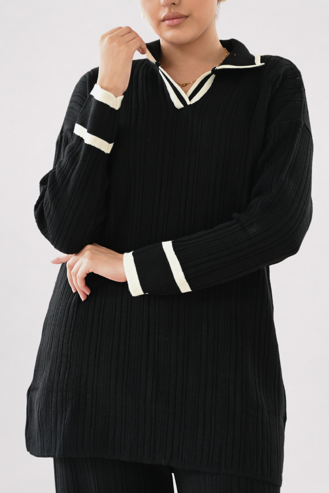Contrast Collar Ribbed Knit Co-ord - Black