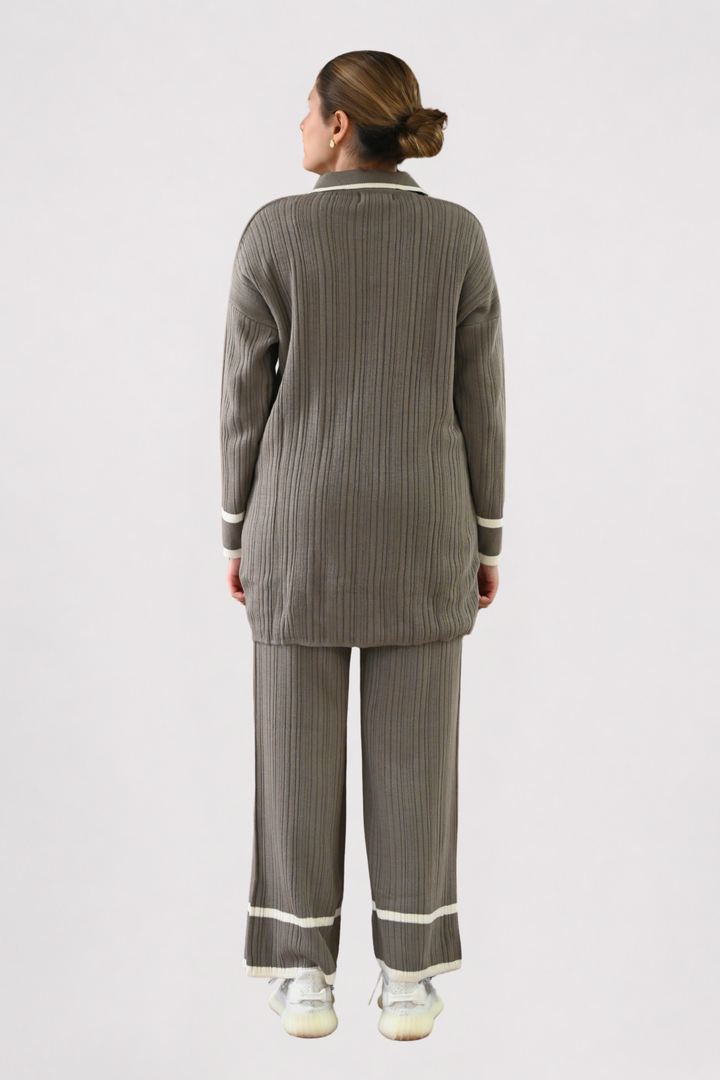 Contrast Collar Ribbed Knit Co-ord - Mocha