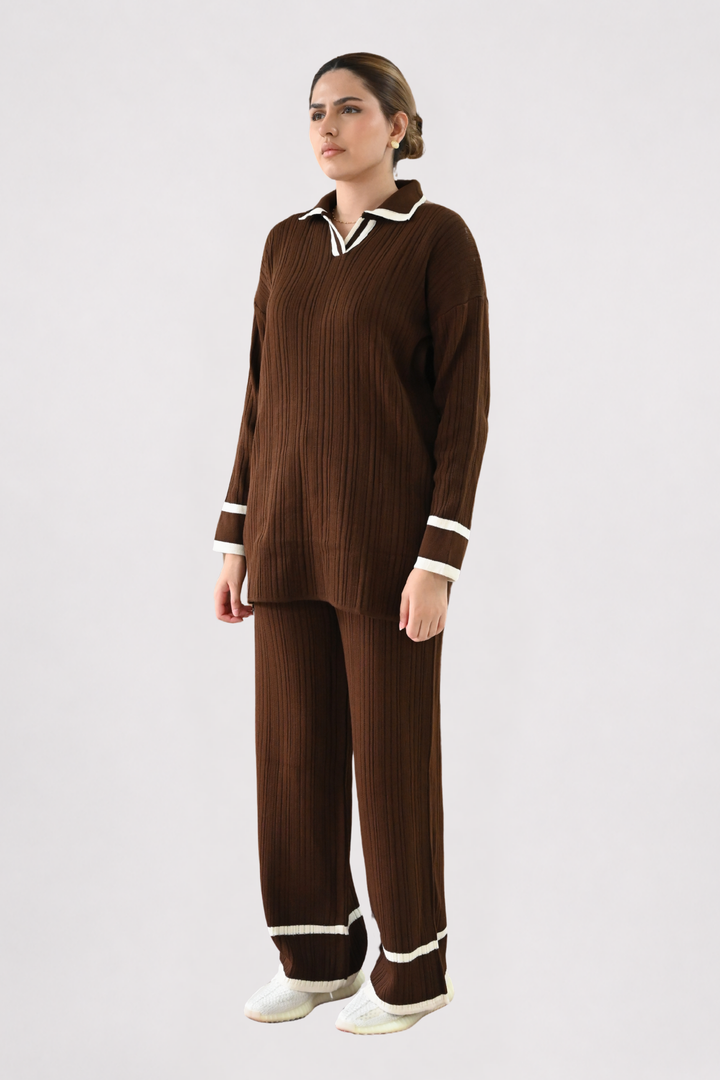Contrast Collar Ribbed Knit Co-ord - Brown
