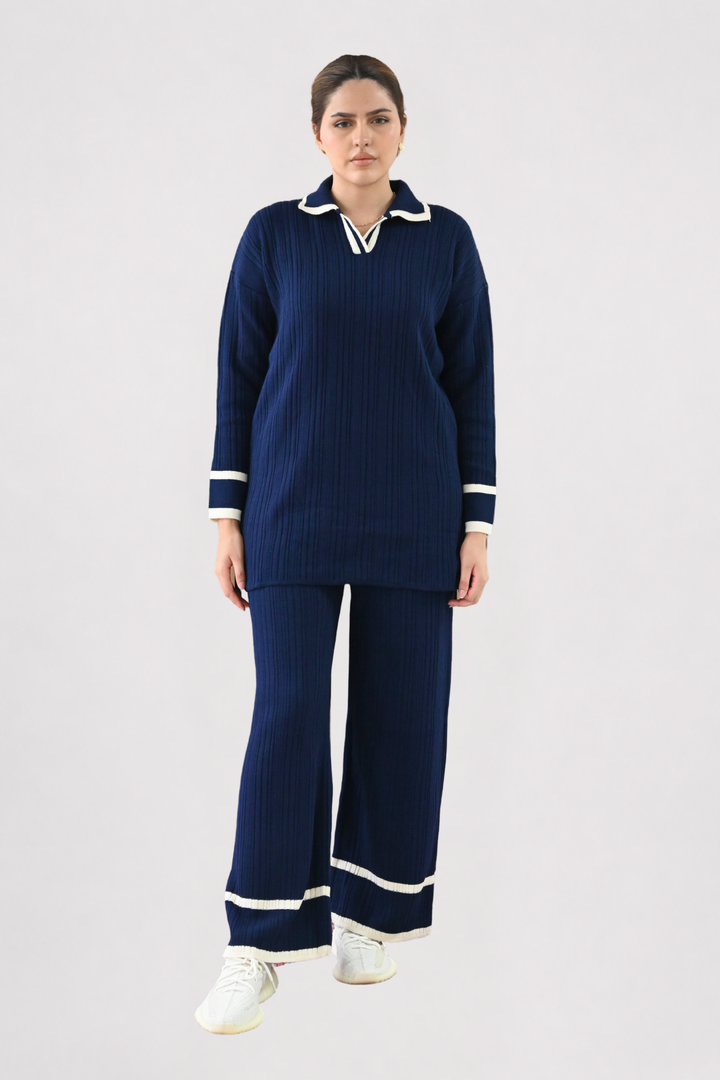 Contrast Collar Ribbed Knit Co-ord - Navy