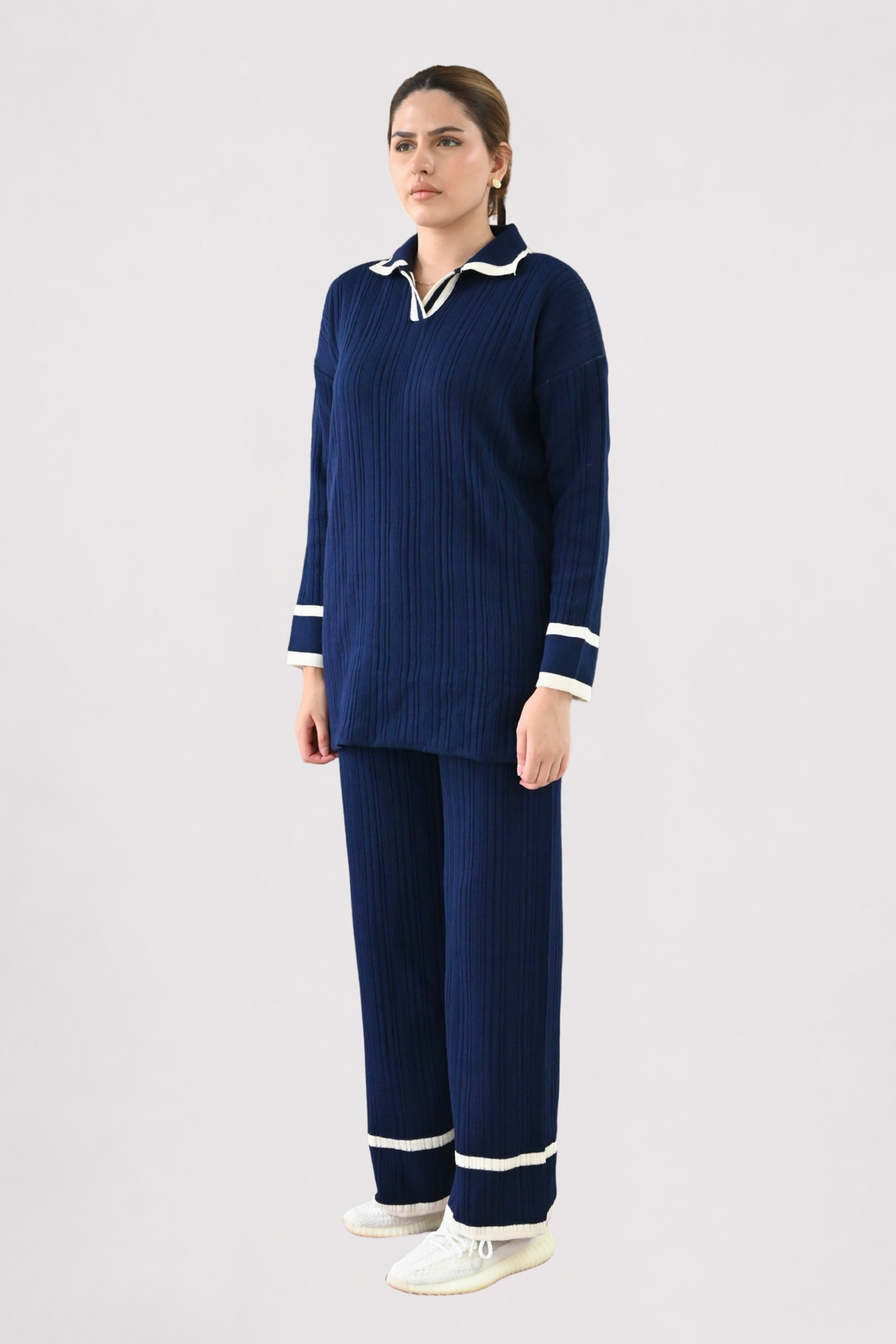 Contrast Collar Ribbed Knit Co-ord - Navy