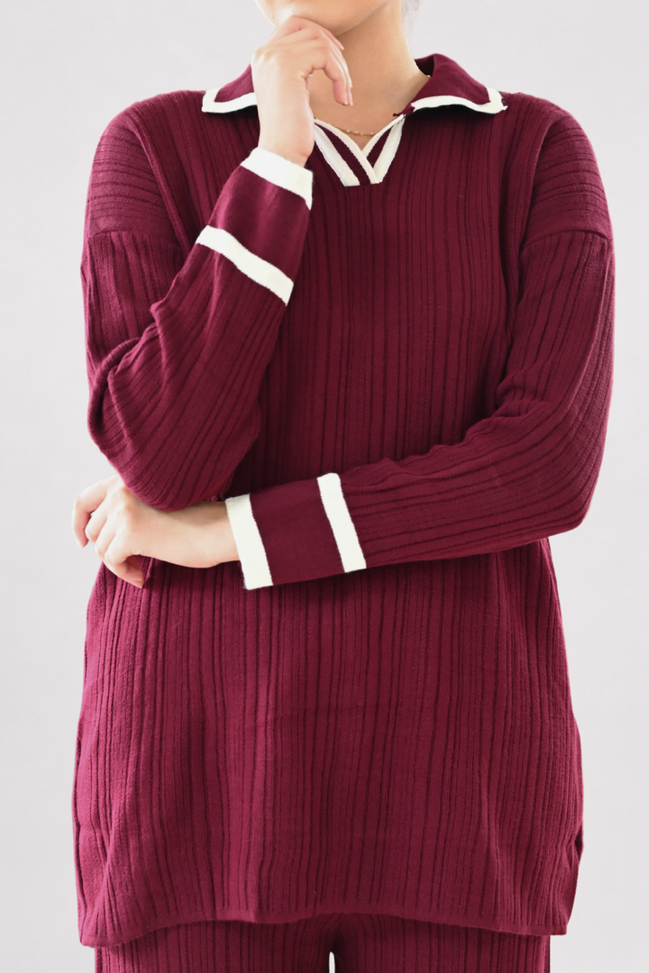 Contrast Collar Ribbed Knit Co-ord - Wine