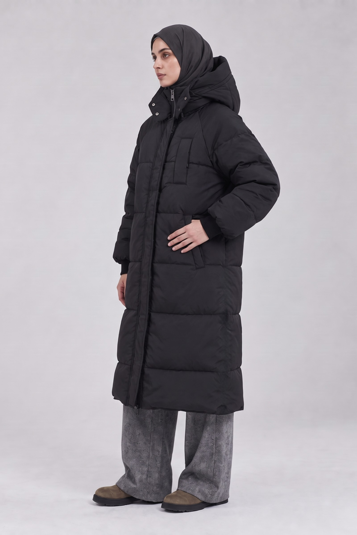 Longline Hooded Puffer Coat - Black