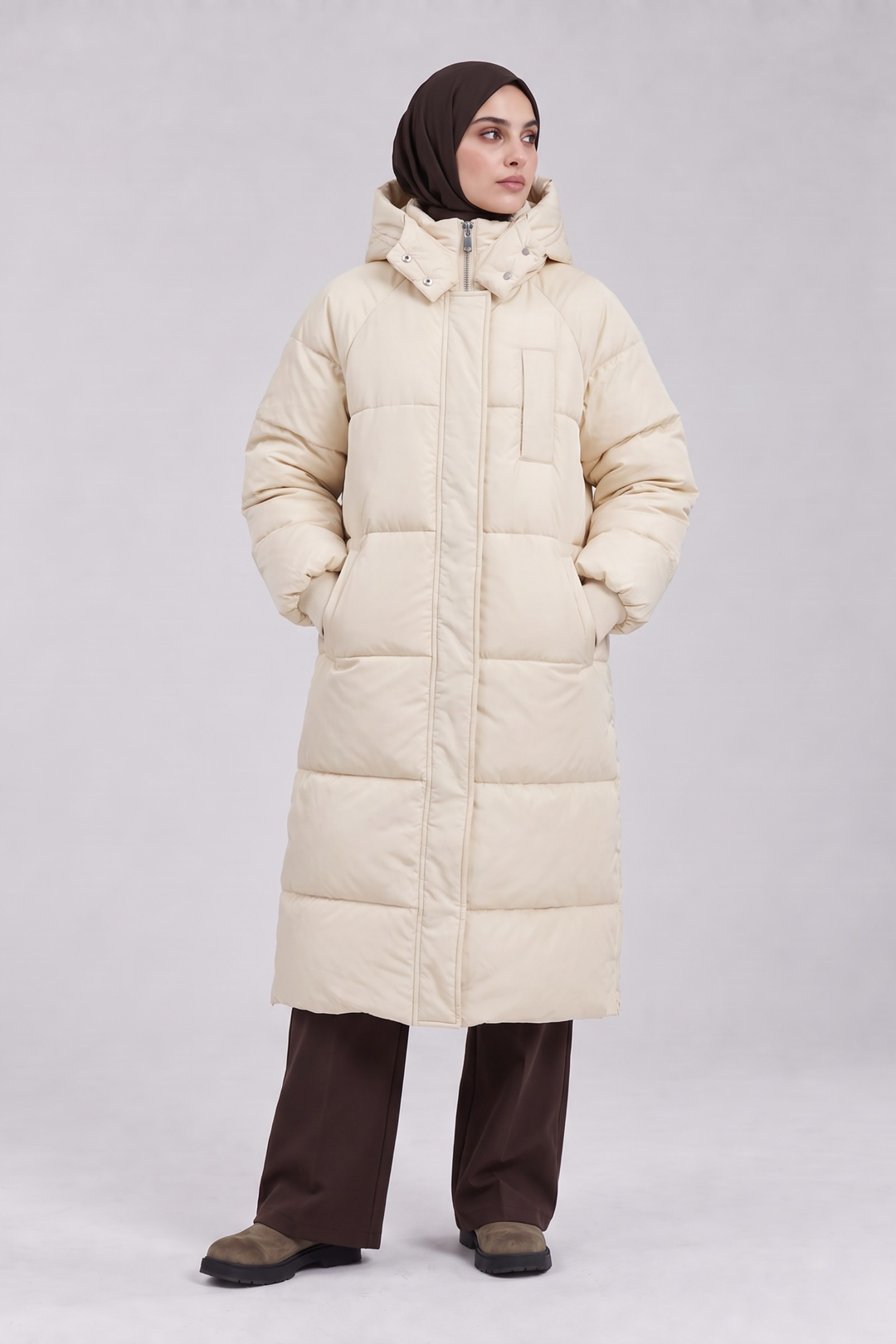 Longline Hooded Puffer Coat - Stone
